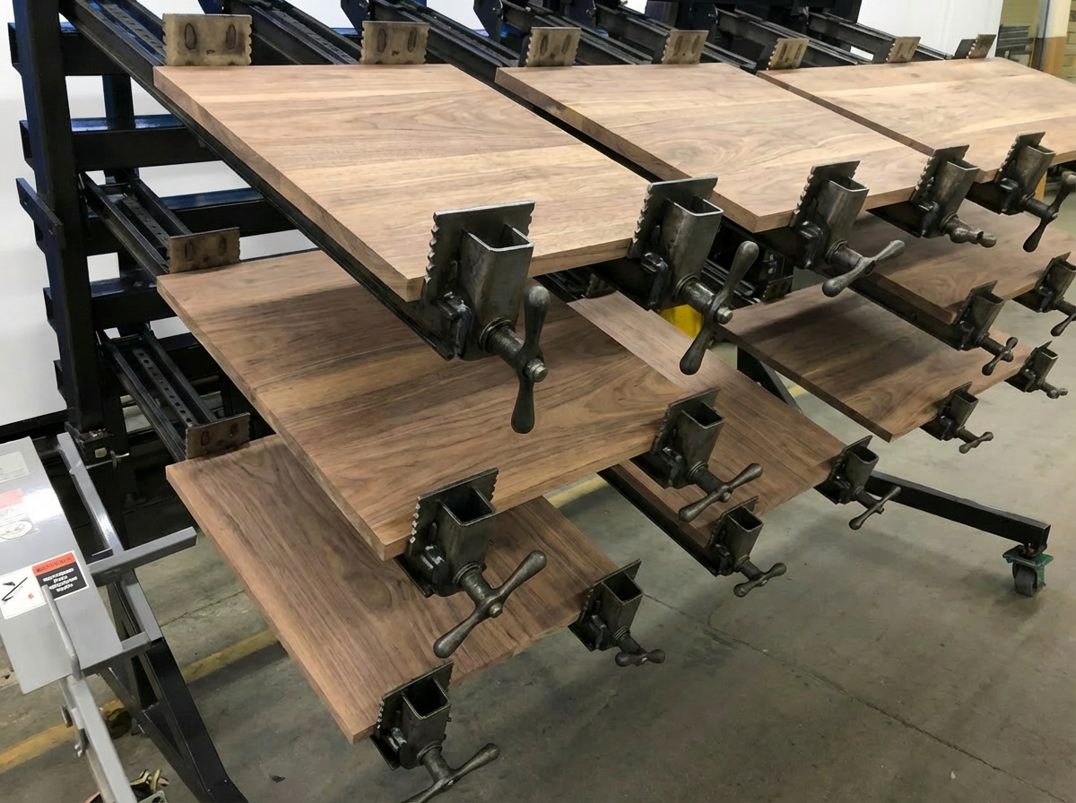 Walnut tabletops in the glue rack during fabrication, showing panel alignment and early stages of construction