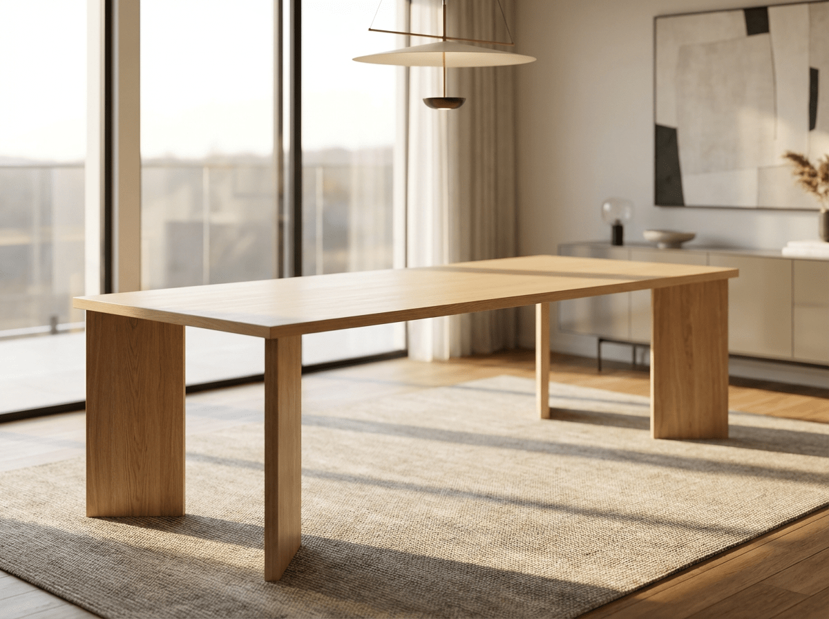 European white oak dining table in a bright modern kitchen with clean, minimalist styling.