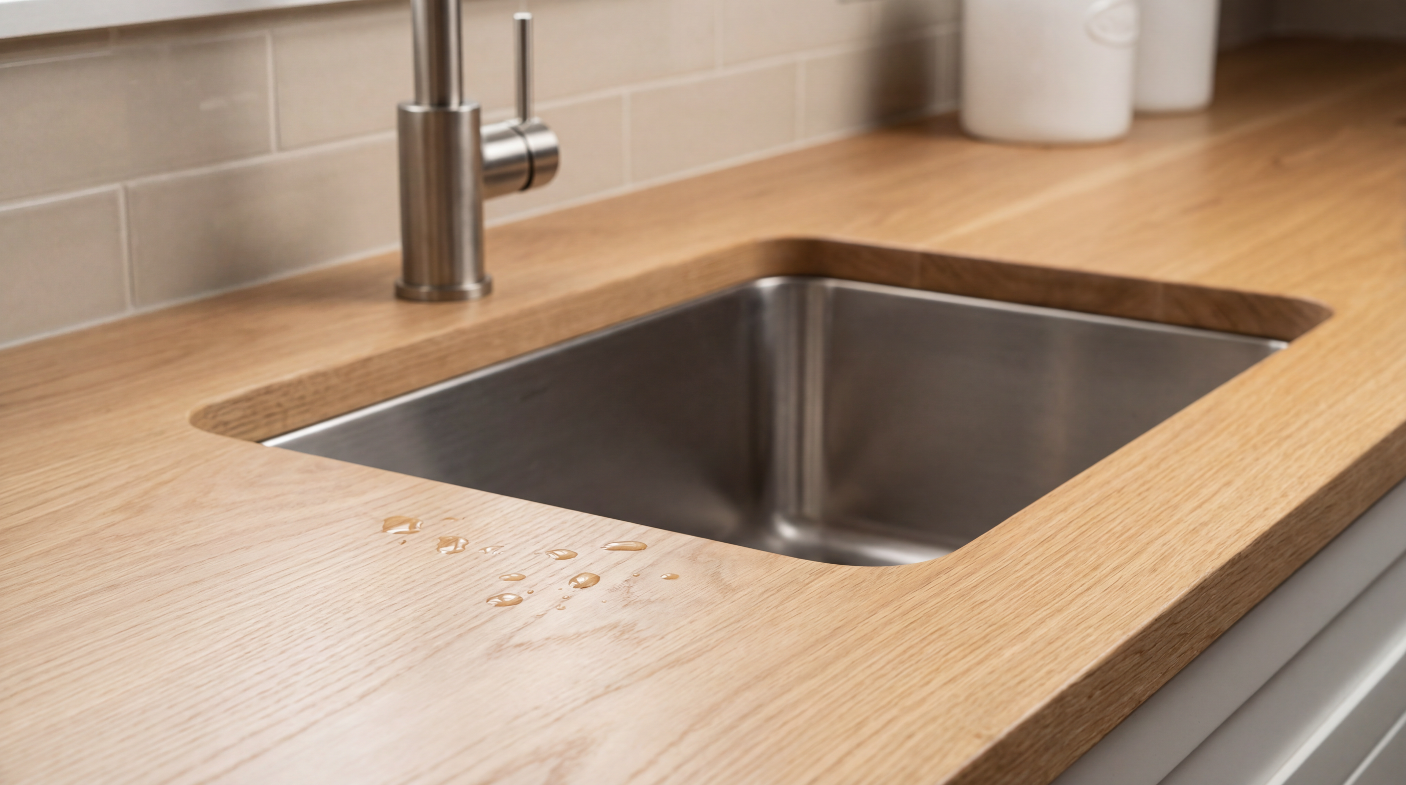 Solid wood kitchen countertop with an undermount sink, faucet, and backsplash installed.