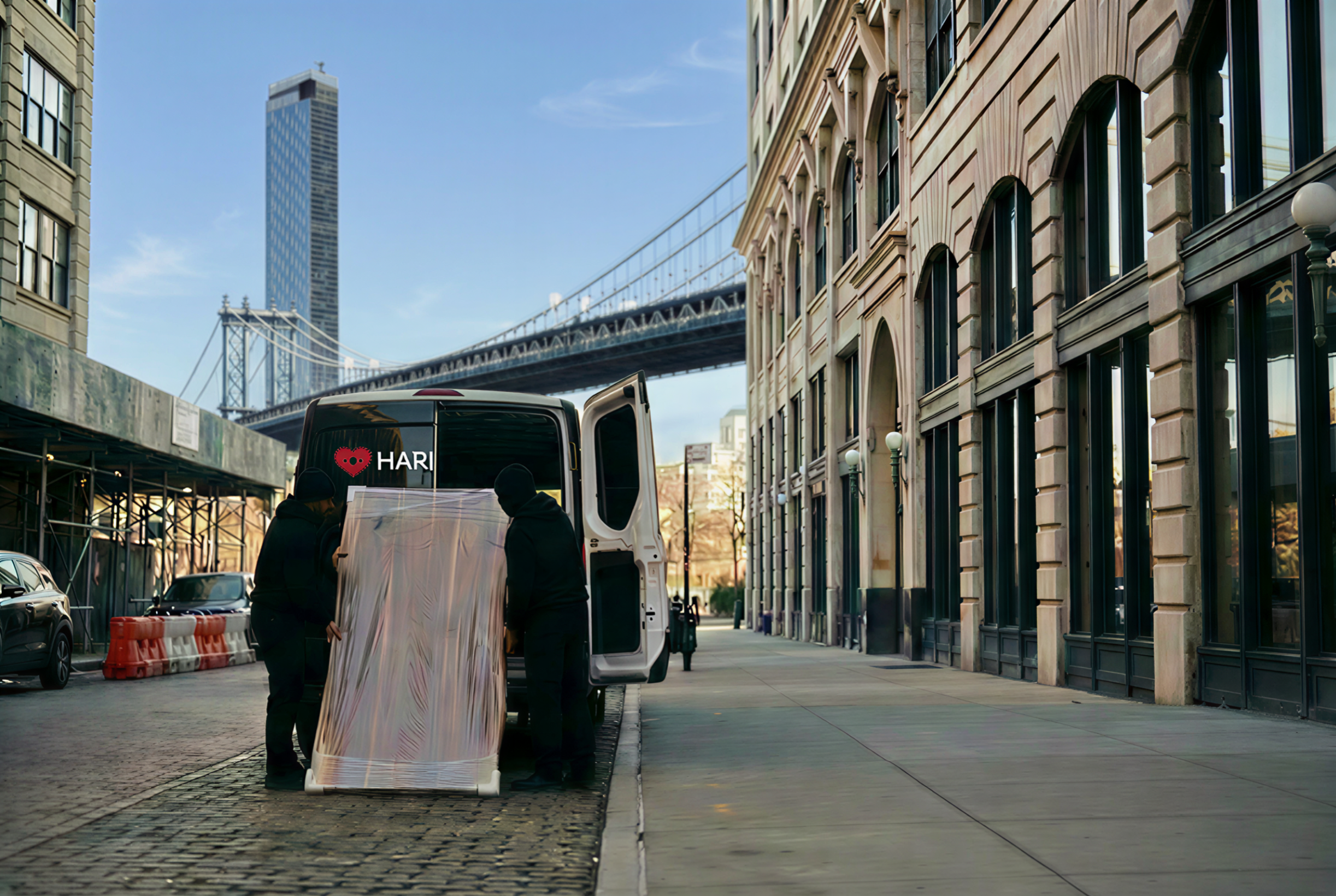 Coordinated delivery of protected walnut tables being unloaded at a Brooklyn waterfront building