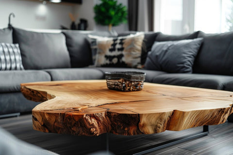Rustic live edge wood coffee table with natural grain patterns, complementing a cozy living room.