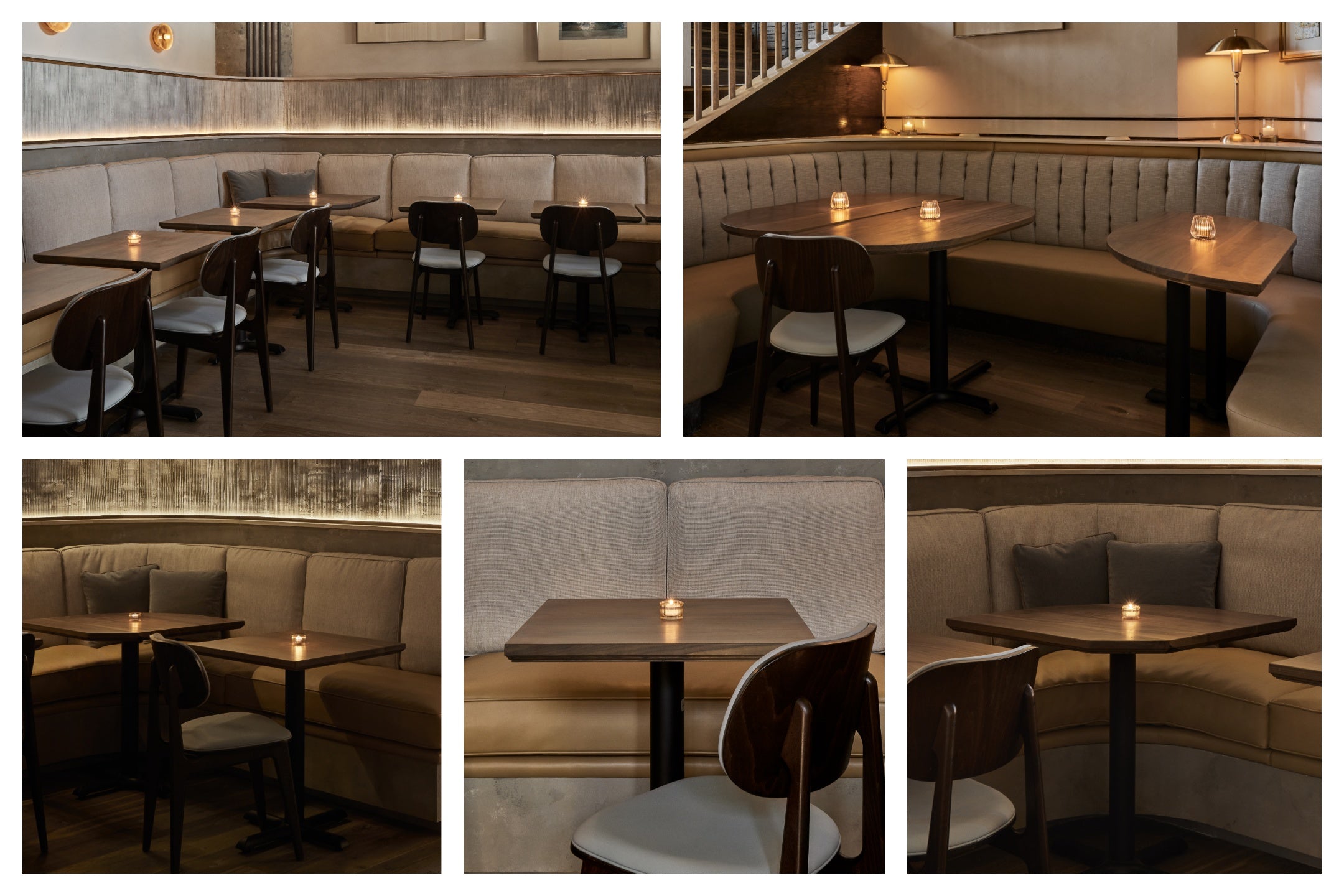 Collage of walnut restaurant tables on the main floor at Main Street Landing, showing square, round, and custom-shaped layouts