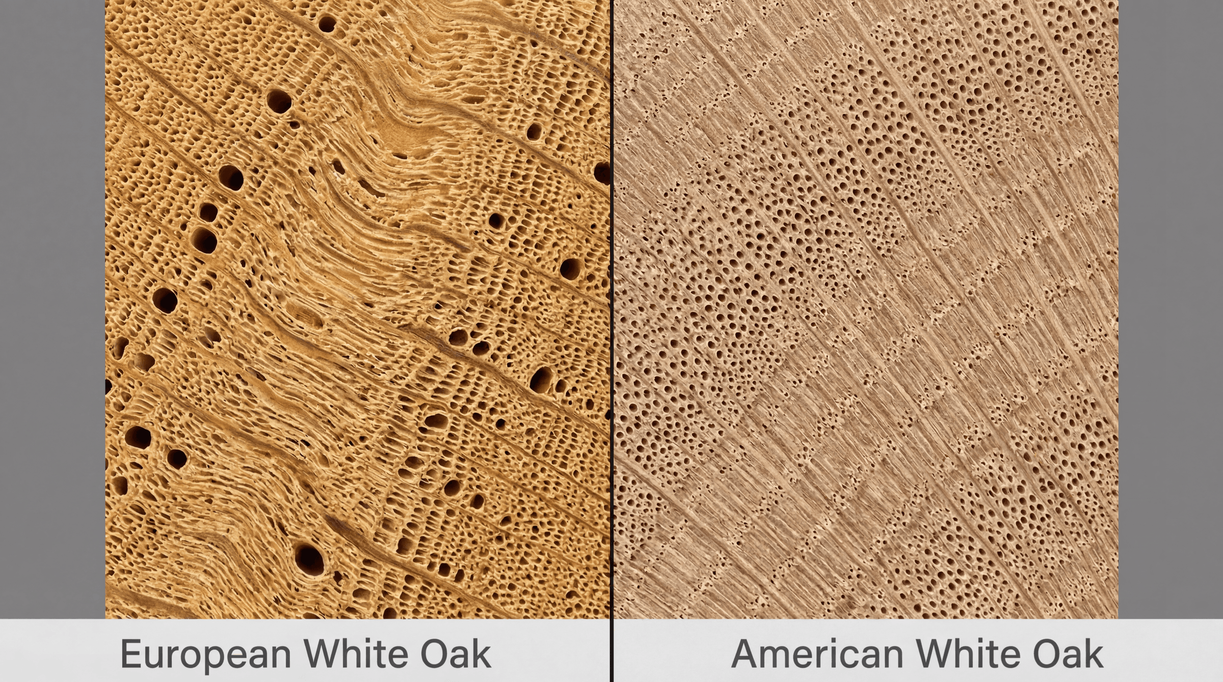 Close-up comparison of European white oak and American white oak boards showing grain and color differences.