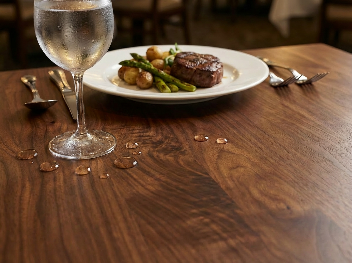 Walnut tabletop in a hospitality setting, highlighting craftsmanship and visual appeal