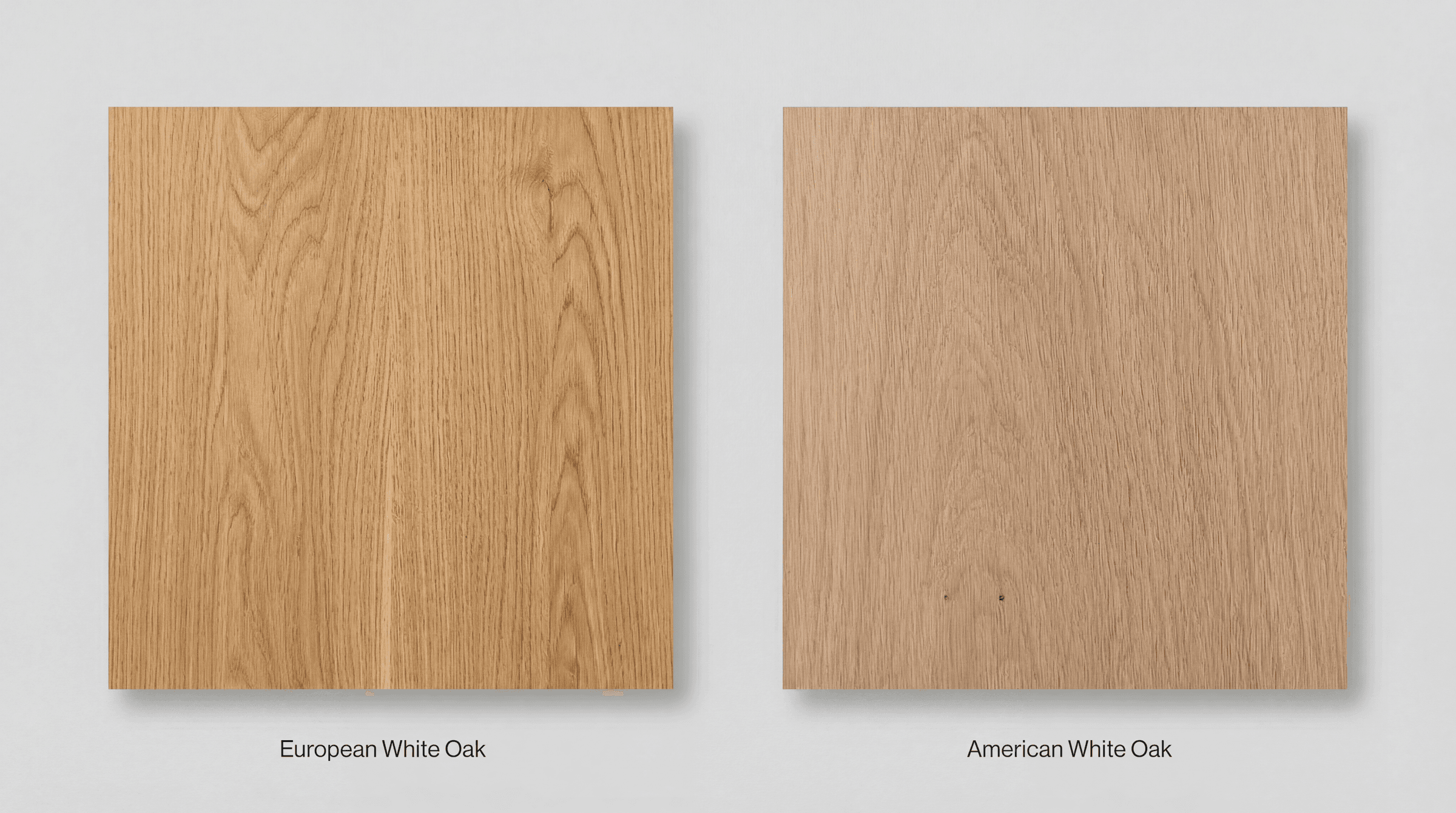 Side-by-side comparison of European white oak and American white oak tabletop grain and color.