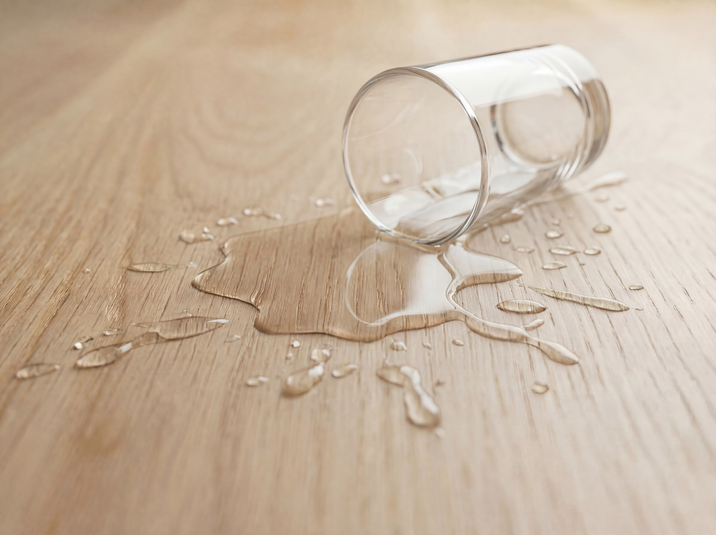 Close-up of a white oak tabletop with a tipped drinking glass and water beading on the surface to show finish durability.