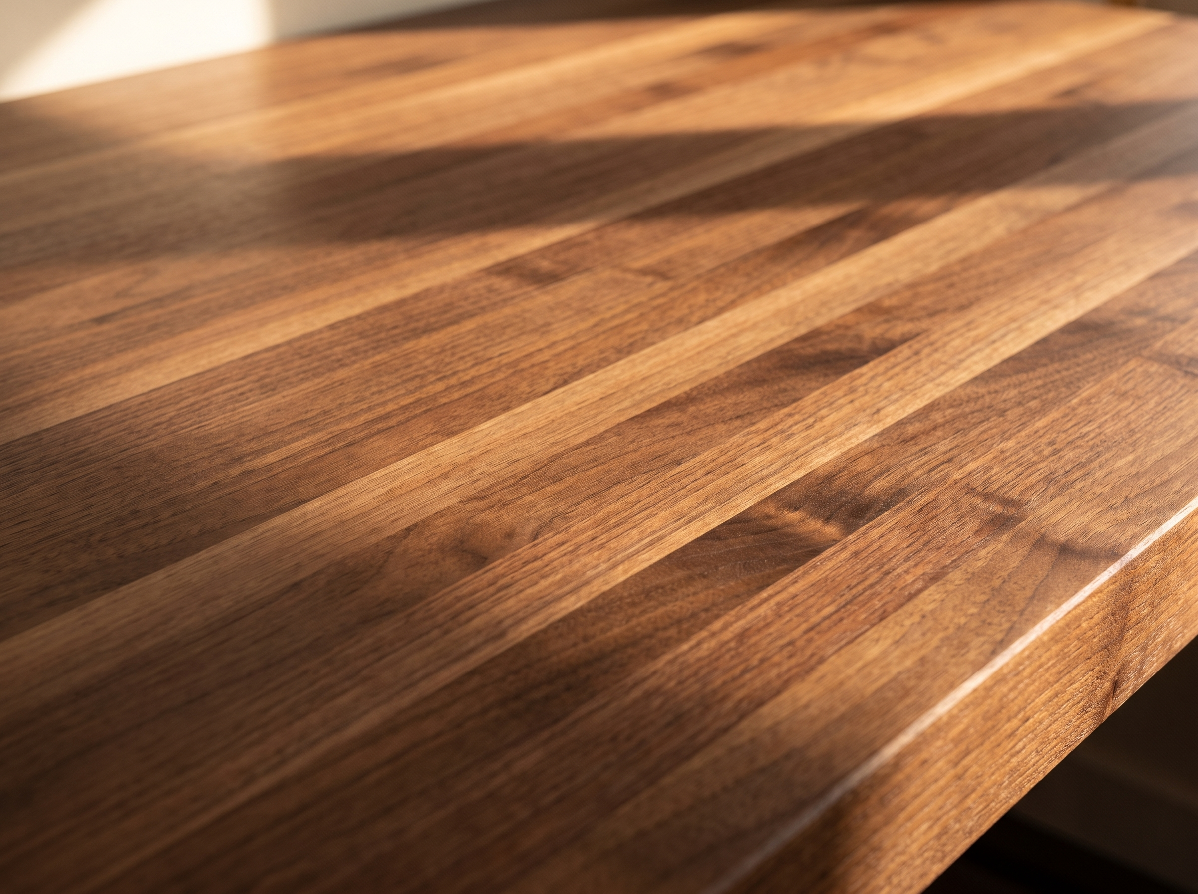 Close-up of an edge grain walnut butcher block countertop — long parallel laminated strips
