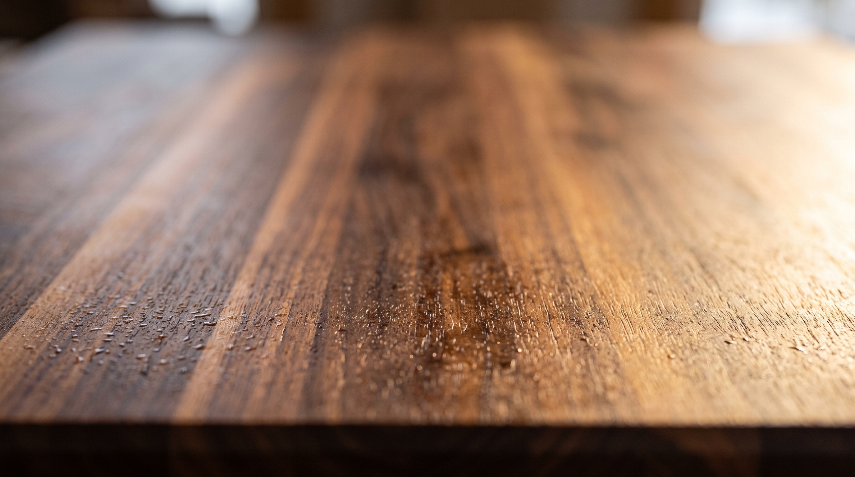 Macro of a freshly oiled walnut butcher block countertop, water beading on the hardwax finish
