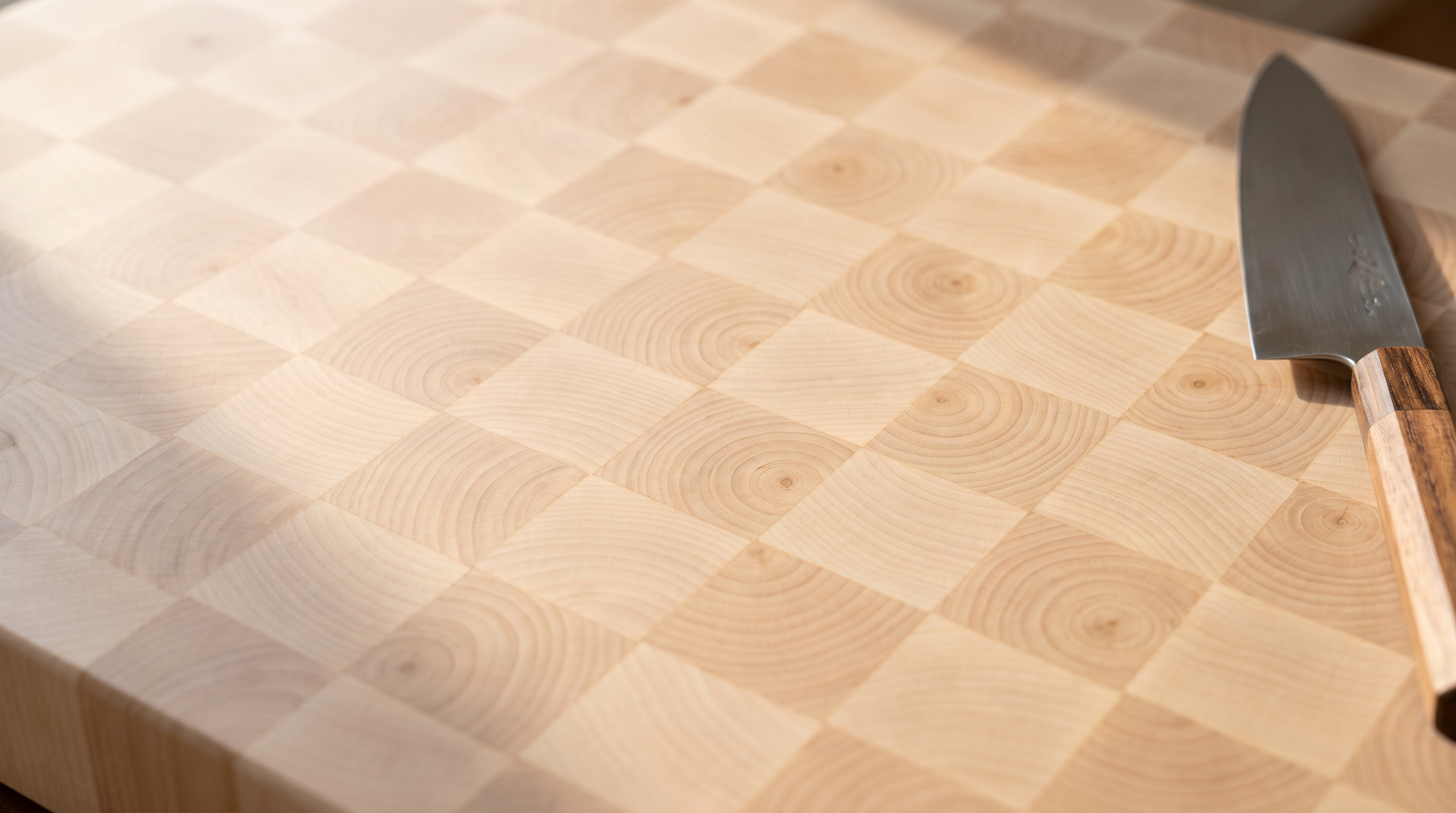 End grain hard maple butcher block — pale checkerboard of upturned blocks with a chef’s knife resting on it