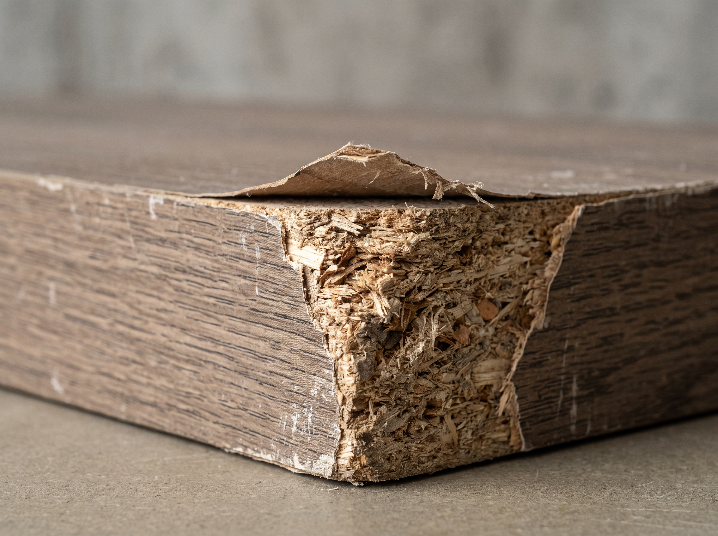 Macro of a big-box shelf corner — thin veneer chipping off a particle board core