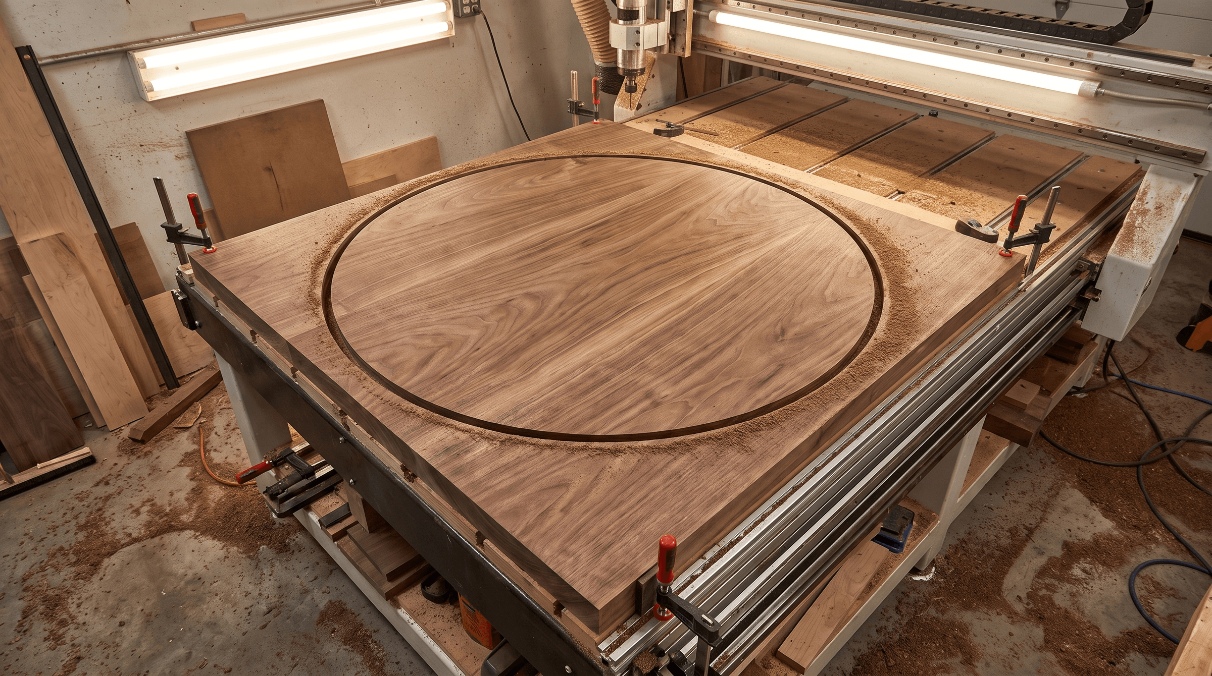 Walnut round table top being CNC-cut from its square glued-up blank, corners still attached