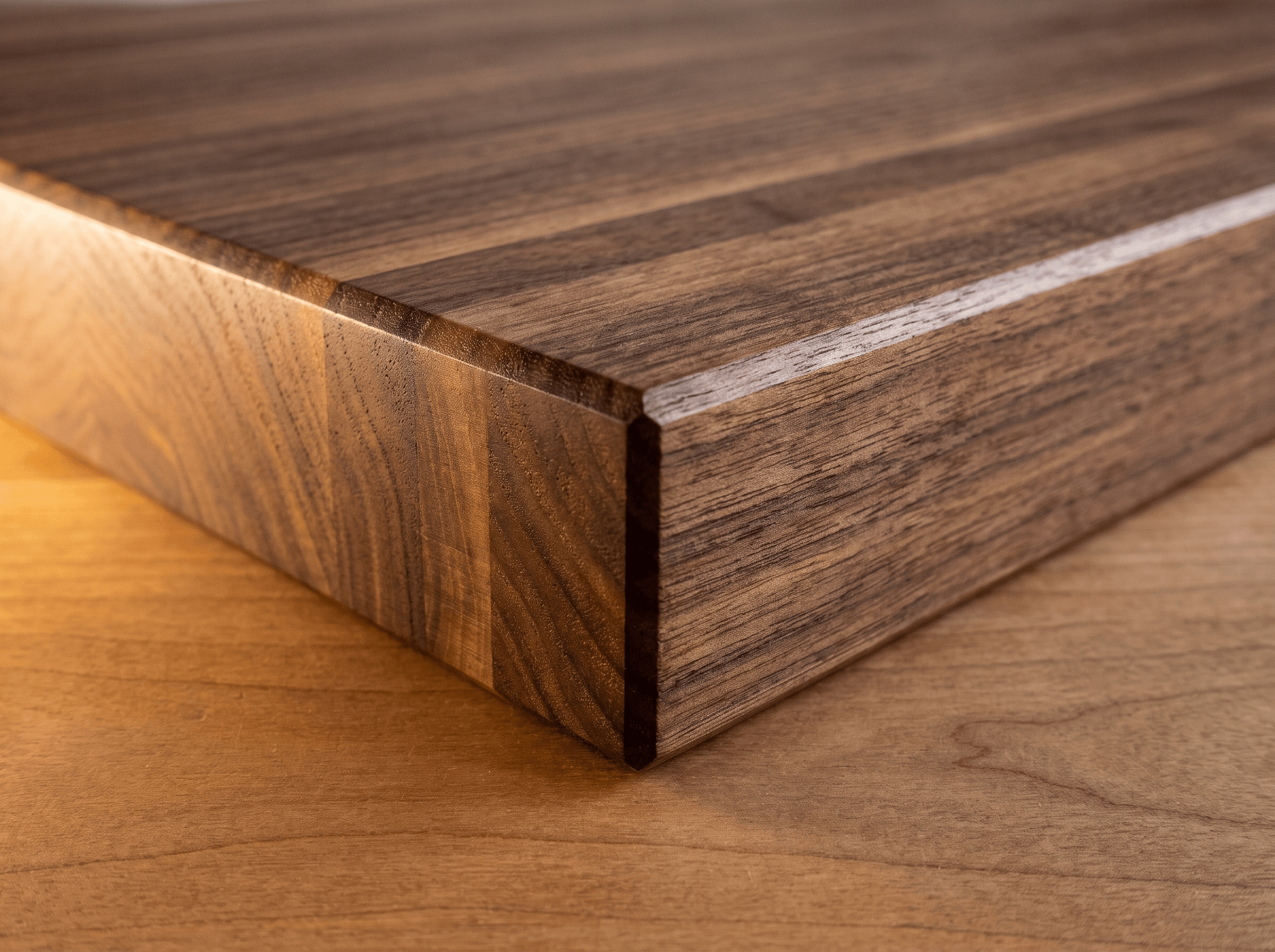 Macro of a solid walnut shelf corner — real wood grain through the full thickness