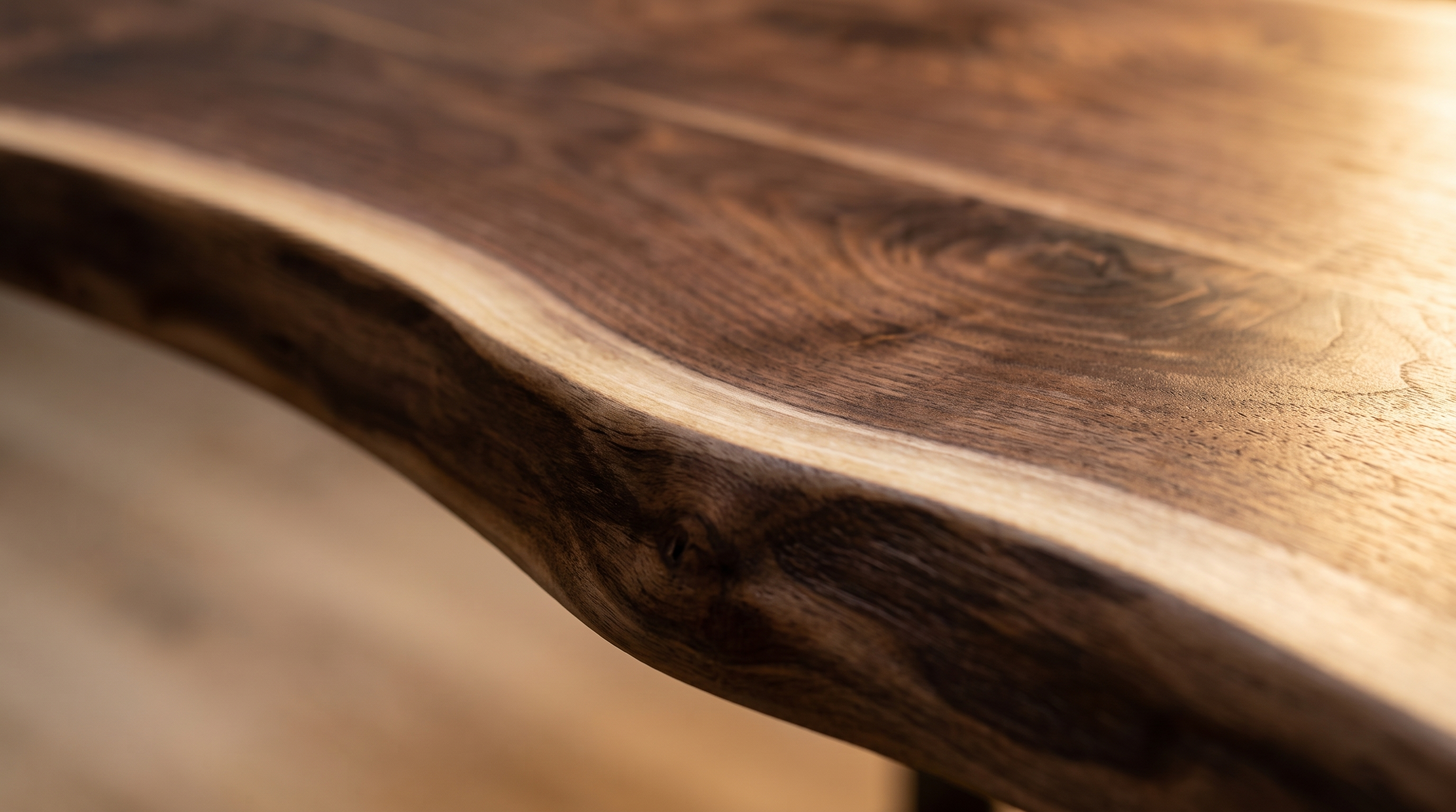 Macro of a walnut live edge — dark heartwood meeting the pale sap line along the sculpted natural edge